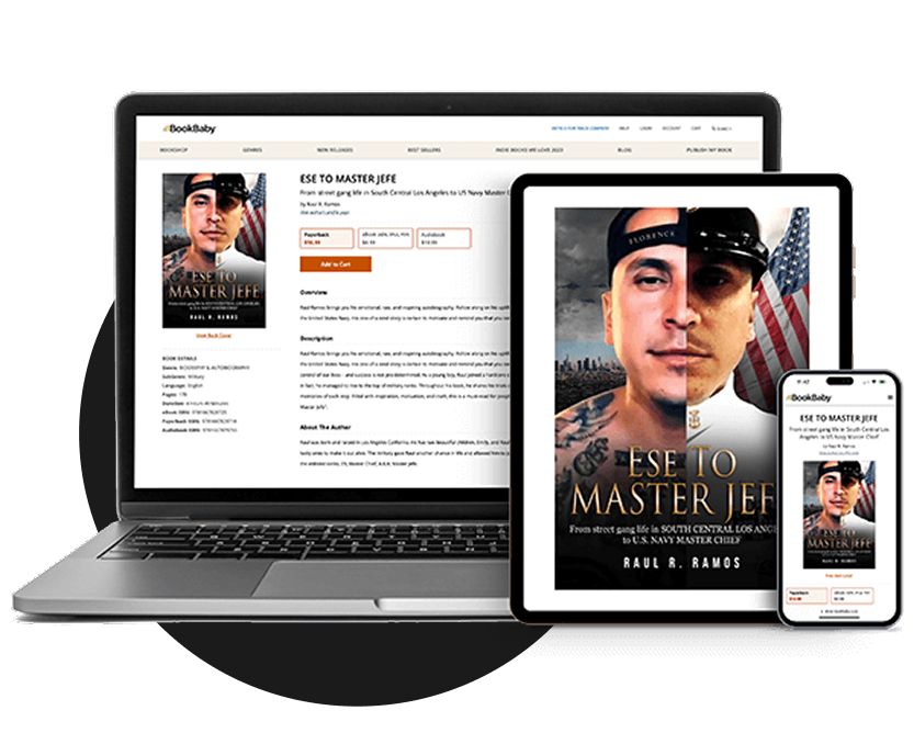 Book listing on laptop, tablet, and phone storefront layouts